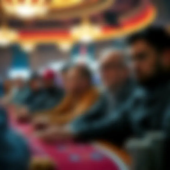 Foreign players at a poker tournament in Las Vegas, looking anxious as they discuss concerns about ICE enforcement.