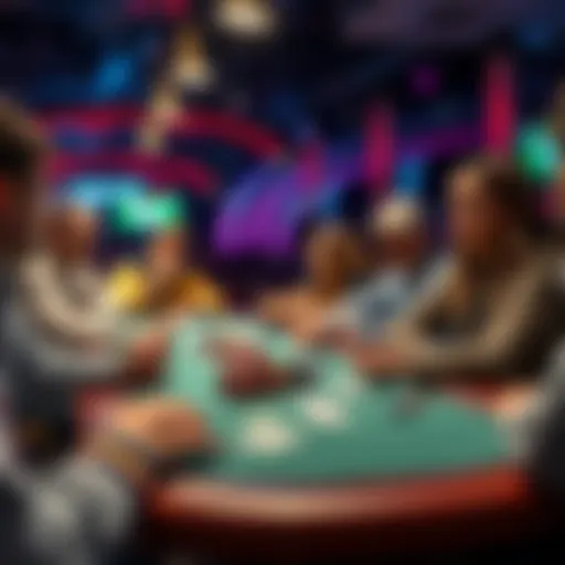 Players seated at a poker table during a live tournament, chips and cards in front of them