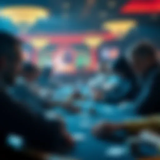 A group of players at a poker table during a live MTT tournament, focused on their cards and chips.
