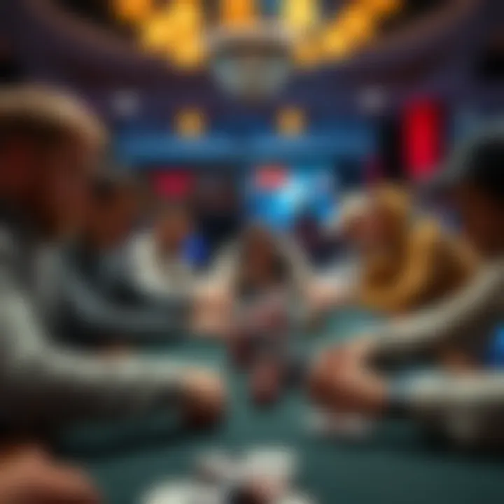 A group of players focused on a poker tournament table, chips in front of them, with a dealer overseeing the game in a lively atmosphere.