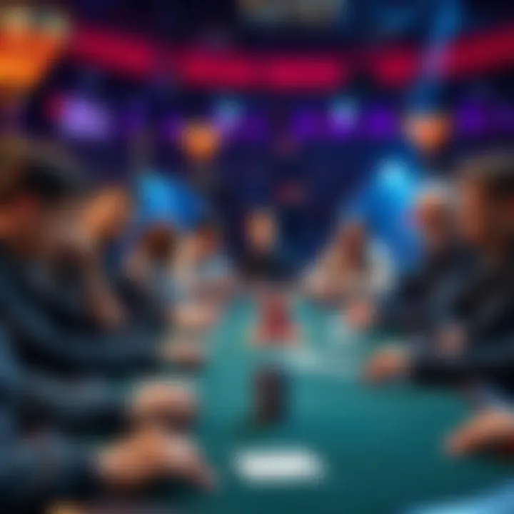 A group of players sitting at a poker table, focused on their cards during a tense tournament
