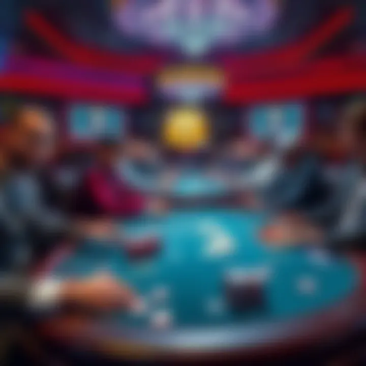 Poker tournament setup A group of players sitting at poker tables in a tournament setting, focusing on their cards and chips.