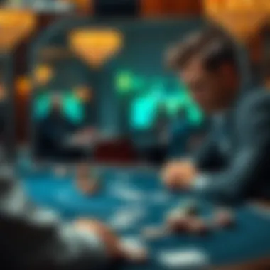 Poker Tournament Strategy A focused player at a poker table contemplating their next move in a tournament, with cards and chips in view.