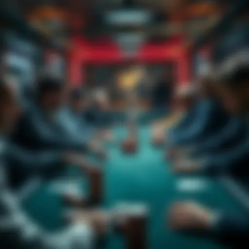 A table with poker players focused on their cards and chips during a tense moment in a tournament, showing a mix of emotions.