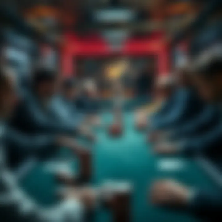 A table with poker players focused on their cards and chips during a tense moment in a tournament, showing a mix of emotions.