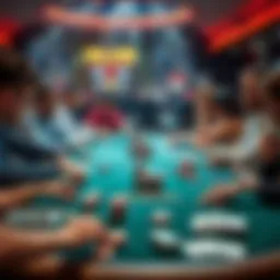 A bustling poker tournament table with players focused on their cards and chips, emphasizing the competitive atmosphere of live NLHE events.