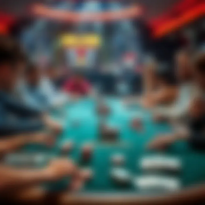 A bustling poker tournament table with players focused on their cards and chips, emphasizing the competitive atmosphere of live NLHE events.