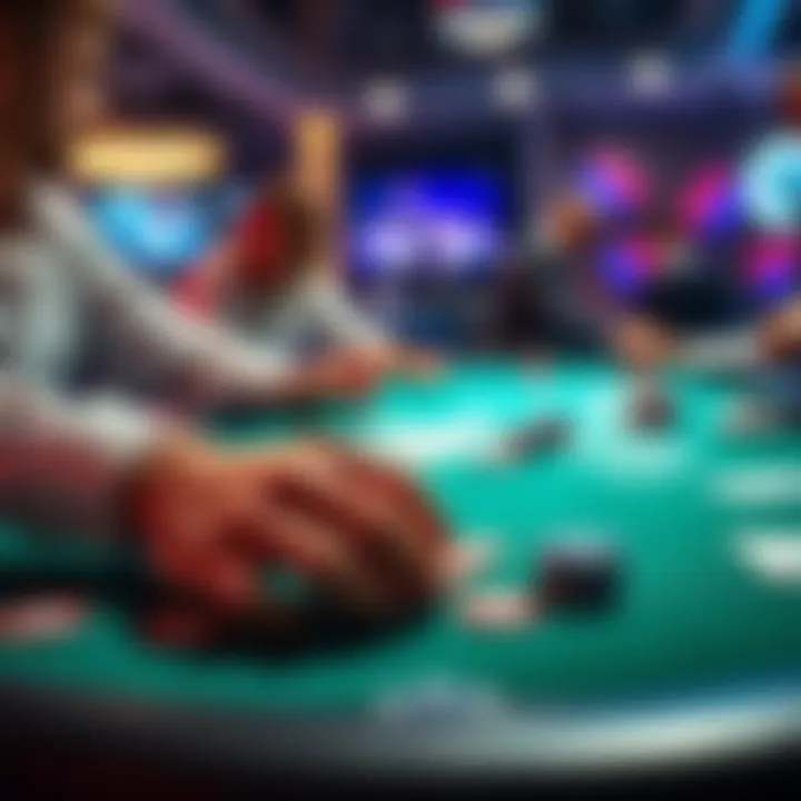 A colorful poker table with chips and cards, showcasing a player in action during a tournament, highlighting the excitement of poker competitions.