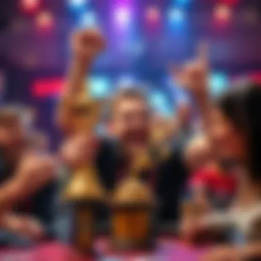 A player celebrating their first online poker tournament win with a trophy and happy expressions