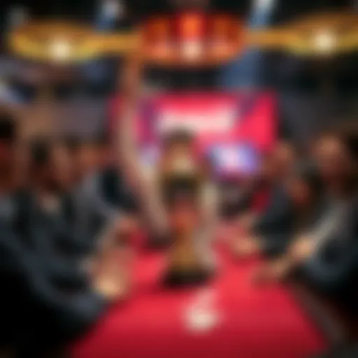 A poker tournament winner holding a trophy with excitement, surrounded by cheering friends and other players at the final table.