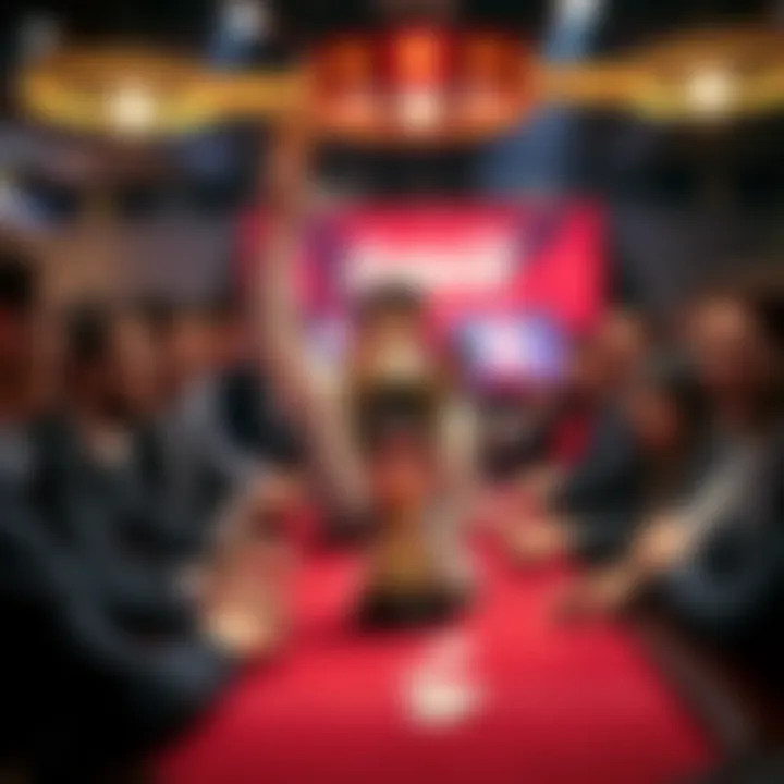 A poker tournament winner holding a trophy with excitement, surrounded by cheering friends and other players at the final table.
