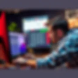 A frustrated poker player looking at their computer with Poker Tracker software open, showing a high hand count, and pondering the problem.