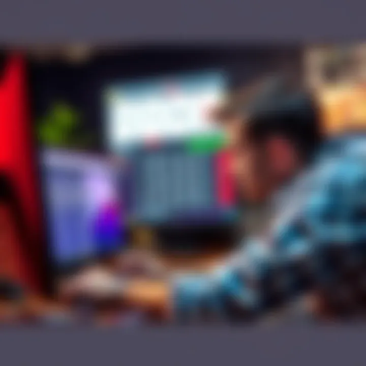 A frustrated poker player looking at their computer with Poker Tracker software open, showing a high hand count, and pondering the problem.