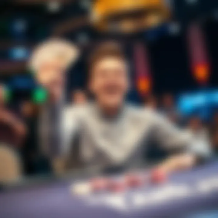 A joyful person celebrating a big poker win, holding cash and smiling at a poker table.