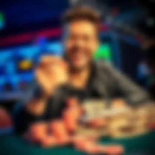 A joyful player holding poker chips and smiling after a successful game, with money spread out on the table