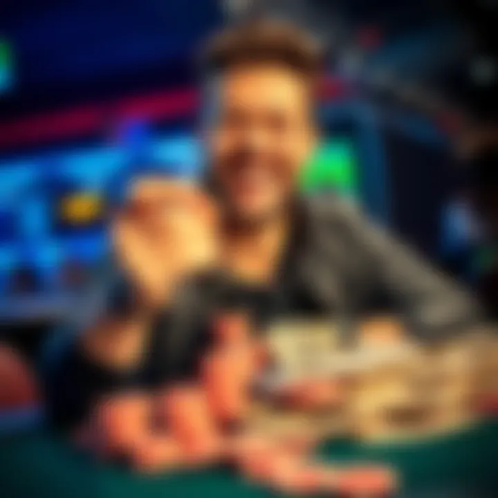 A joyful player holding poker chips and smiling after a successful game, with money spread out on the table