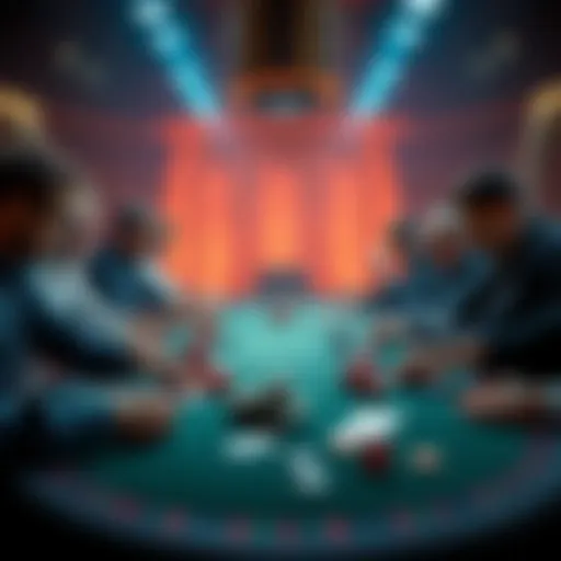 A lively poker tournament with players at the table, chips stacked high, and cards in hand, showcasing a competitive atmosphere.