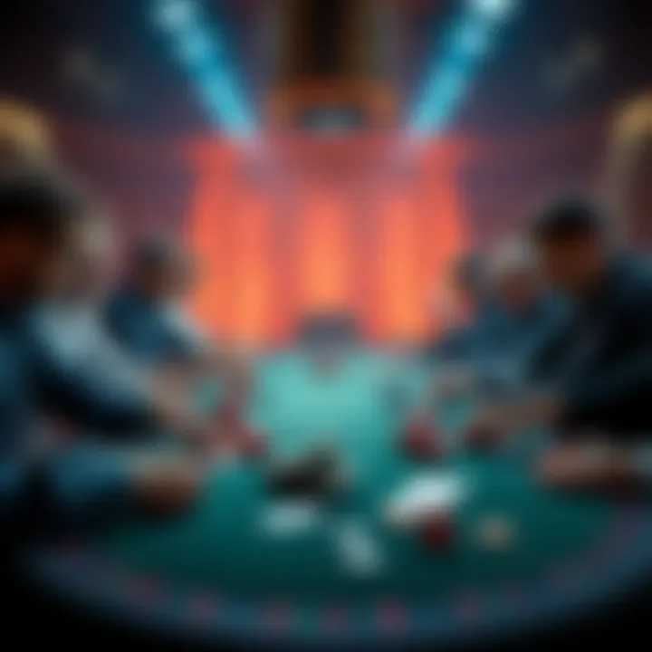 A lively poker tournament with players at the table, chips stacked high, and cards in hand, showcasing a competitive atmosphere.