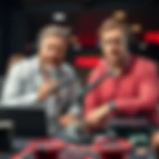Two hosts of the PokerNews podcast discussing poker with equipment in front of them, showing some discomfort in their expressions.