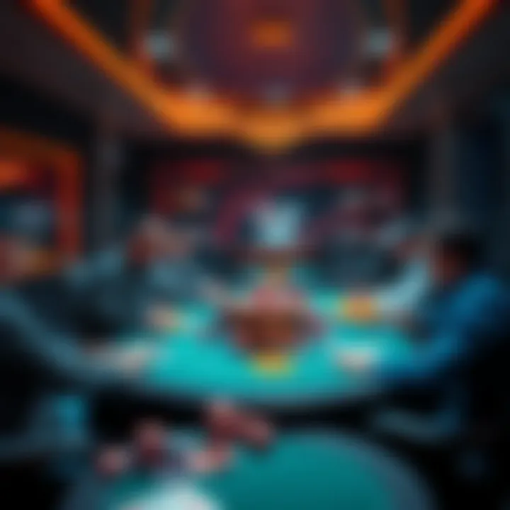 A small poker room with players at tables, engaging in a game, with a dealer in the background and snacks on the table.