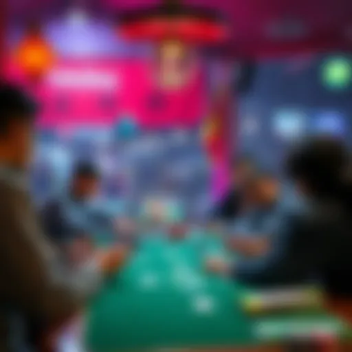 A group of players at a table discussing Pokerstars while playing, with a laptop showing the game on screen and a Vietnamese backdrop.