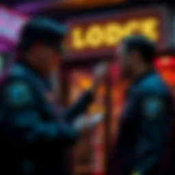 Police officers checking IDs of players at a lodge in Austin