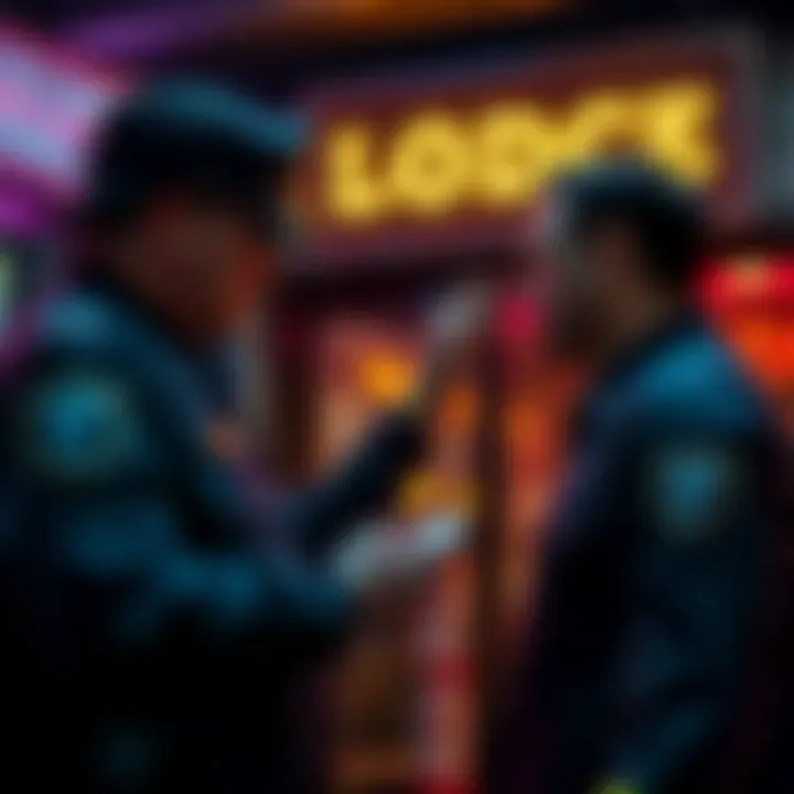 Police officers checking IDs of players at a lodge in Austin