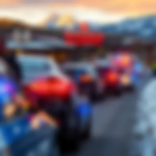 A line of police cars blocking the entrance to Monarch Casino in Blackhawk, Colorado, with more vehicles approaching the mountains.