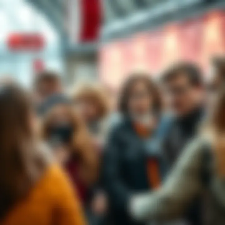 A group of people discussing political decisions in a public setting, showing diverse expressions of concern and curiosity.