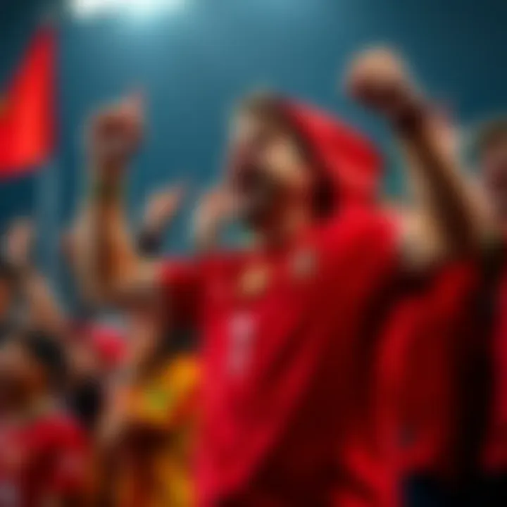 A Portuguese fan in team colors excitedly cheering for Portugal during a football match against Spain.