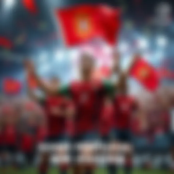 Portugal national soccer team celebrates victory with Cristiano Ronaldo in the center, fans cheering in the background, holding flags.