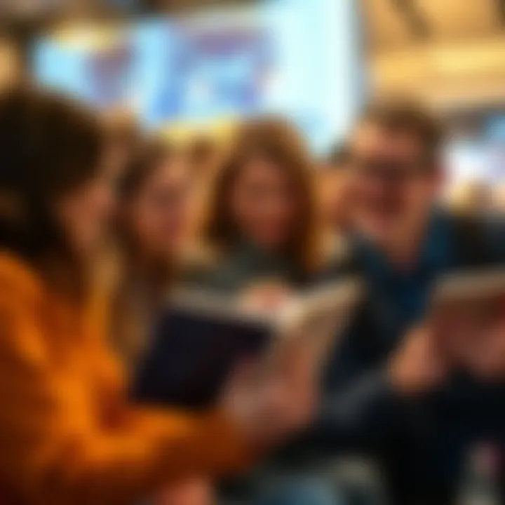 Group of people reading and discussing positive comments online