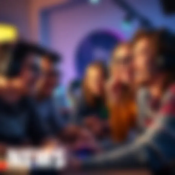 A group of diverse people smiling and playing games together, showing support and encouragement.