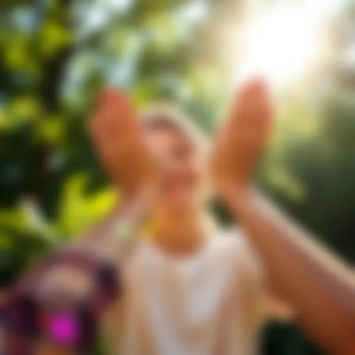 A person holding their hands together in a hopeful gesture while smiling, surrounded by bright sunlight and greenery, symbolizing support and good wishes for the day ahead.