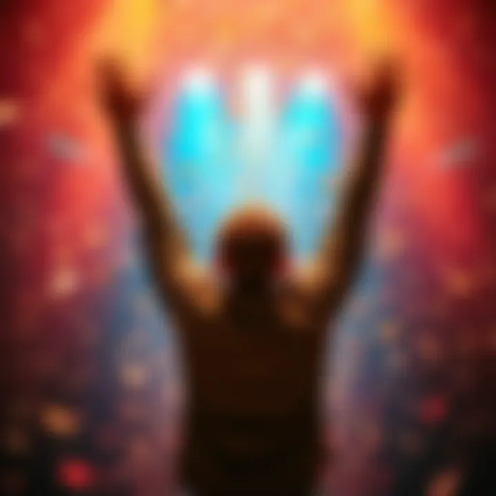 A person celebrating a moment of joy with arms raised, surrounded by bright colors and confetti, symbolizing good news and new opportunities.