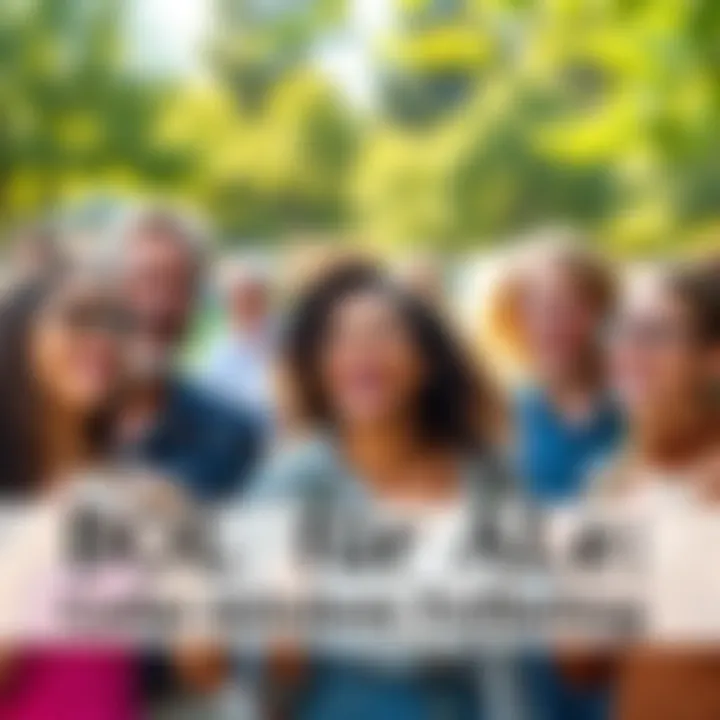 A diverse group of people smiling and sharing positive vibes in a sunny park setting.