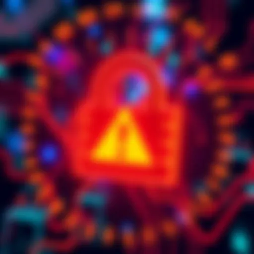 A graphic showing a padlock symbol with a caution sign, representing a security breach in cryptocurrency platforms.