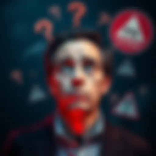 A person contemplating risks with a concerned expression, surrounded by question marks and warning signs