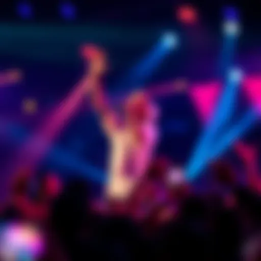 Post Malone energetically singing to a crowd at a concert, with colorful lights and fans enjoying the performance