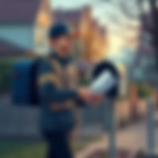 A postal worker delivering mail to a mailbox in a neighborhood.