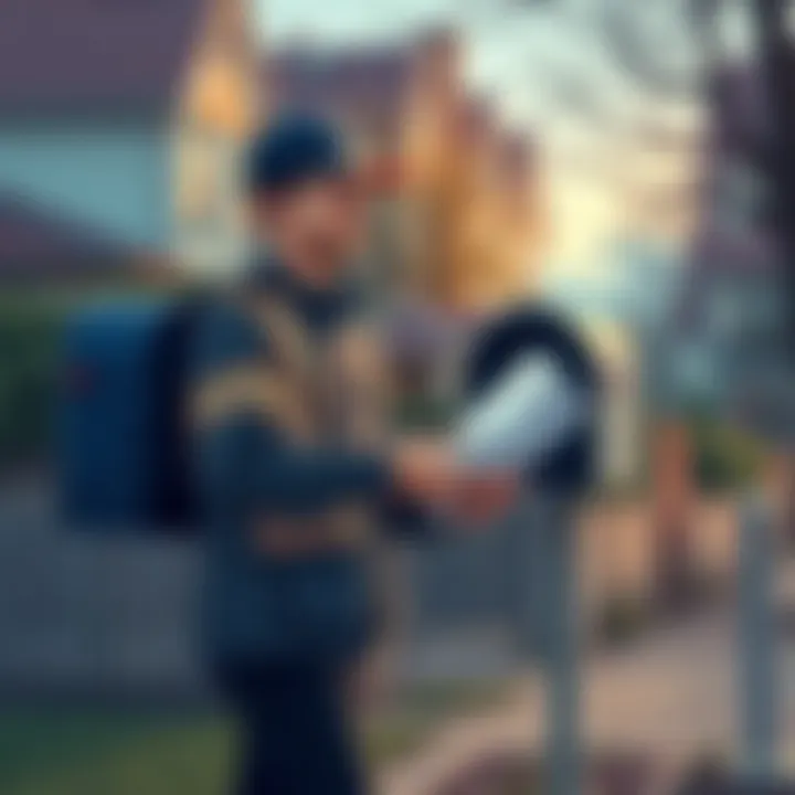 Postal delivery illustration A postal worker delivering mail to a mailbox in a neighborhood.