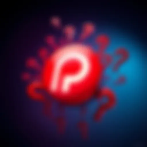 A logo representing Postly surrounded by question marks, symbolizing uncertainty and inquiry