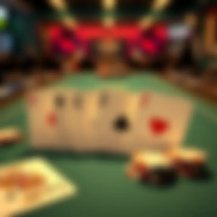 A poker table showing four Broadway cards and chips ready for Pot Limit Omaha game