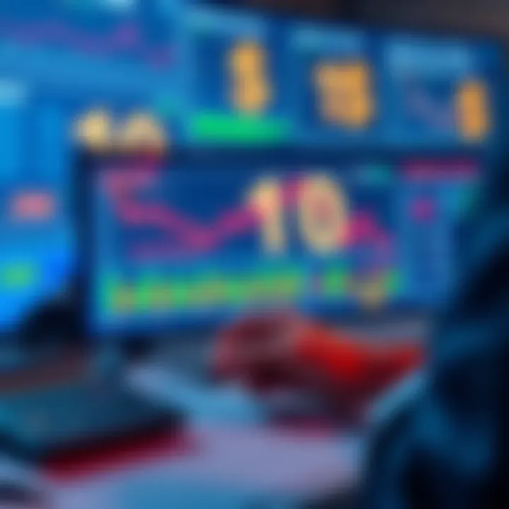 A person analyzing investment results on a digital screen with graphs and dollar signs, surrounded by notes and a calculator.