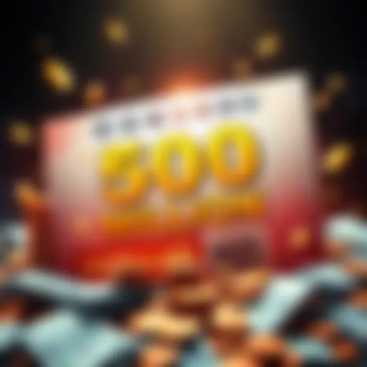 Powerball Jackpot Illustration A graphic showing a large Powerball lottery ticket with a prize amount of 500 million dollars prominently displayed, surrounded by cash and coins.