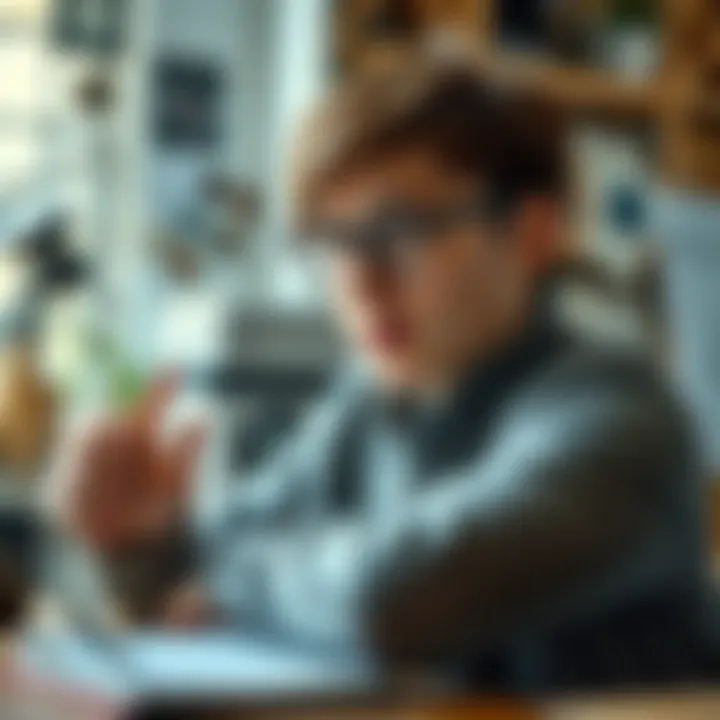 A person analyzing a situation thoughtfully, surrounded by everyday items representing common challenges, like a coffee cup, book, and notebook.