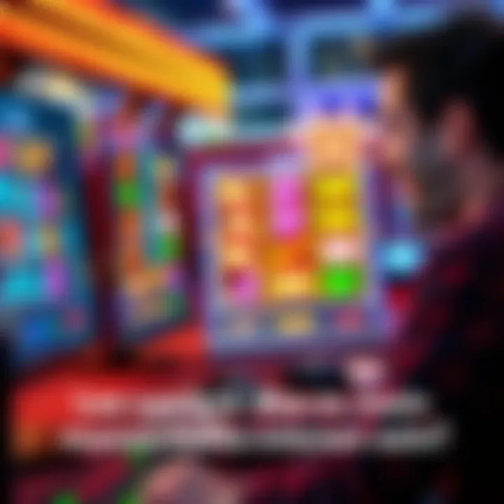A person playing online slots on a computer, with vibrant slot machine graphics on the screen and a focused expression, showing excitement about potential winnings.
