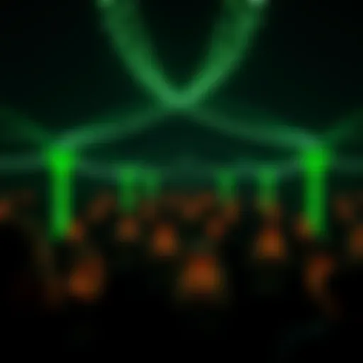 People gathered in prayer beneath glowing green lights, symbolizing hope and faith during a special night.