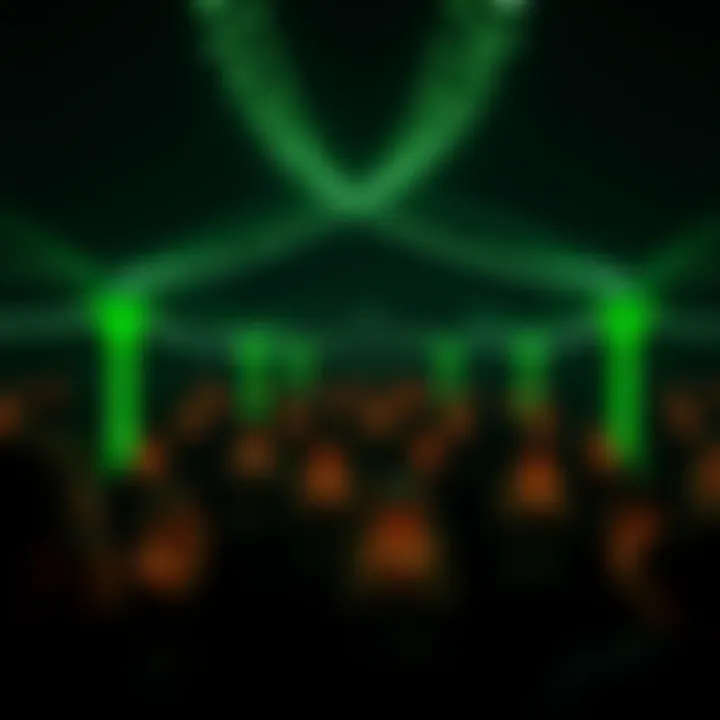 People gathered in prayer beneath glowing green lights, symbolizing hope and faith during a special night.