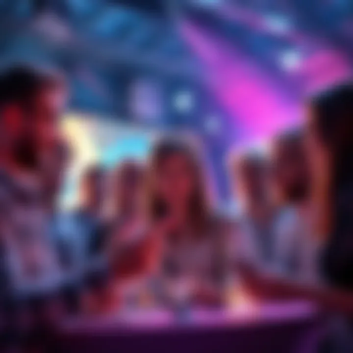 A group of people eagerly discussing and sharing hints about an upcoming online event, surrounded by vibrant visuals and digital elements.